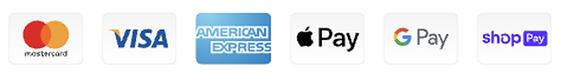 Mastercard, Visa, American Express, Apple Pay, Google Pay y Shop Pay